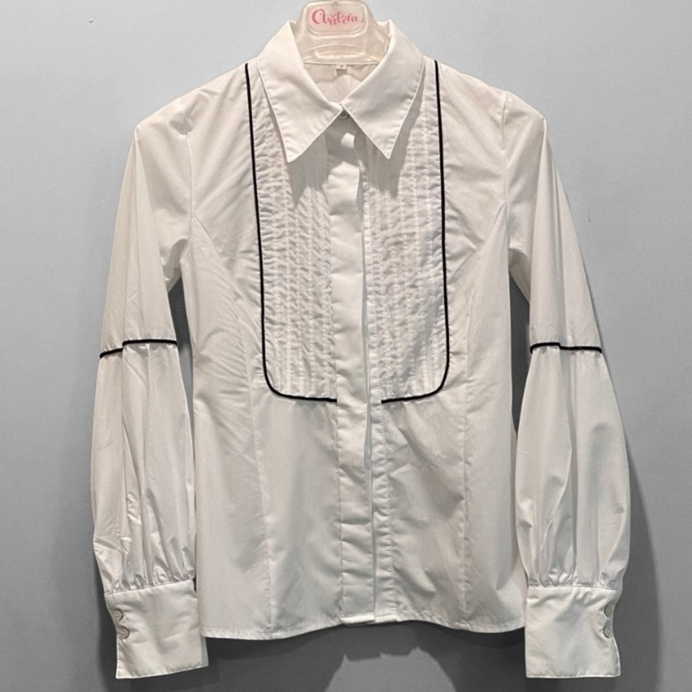 White Long Sleeve Blouse with Black Trim Size Small, Classic Chic Style - Picture 2 of 14